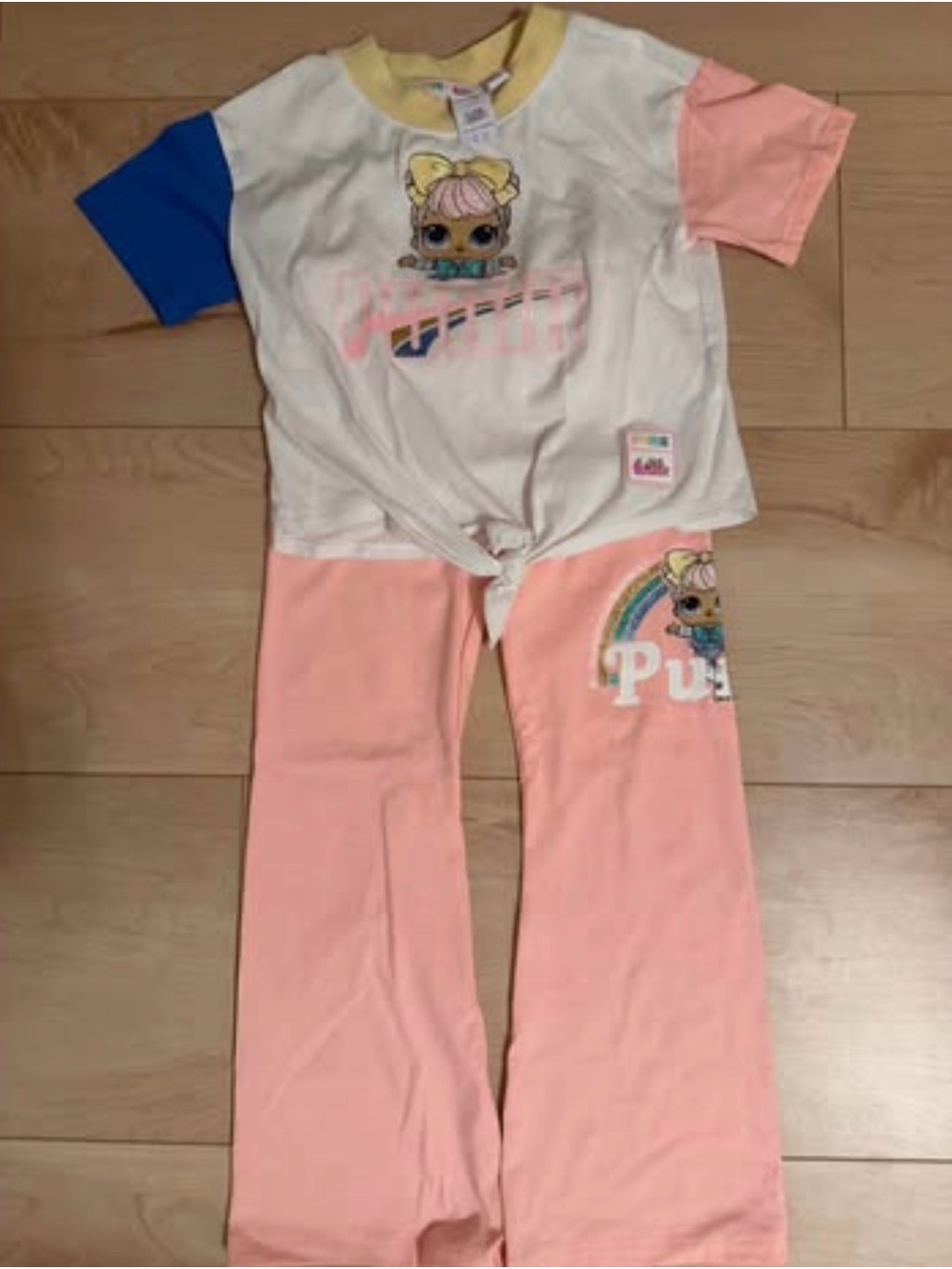 Puma Kids Pink, White, Blue & Yellow Two-Piece Pajama Set with Character Graphic